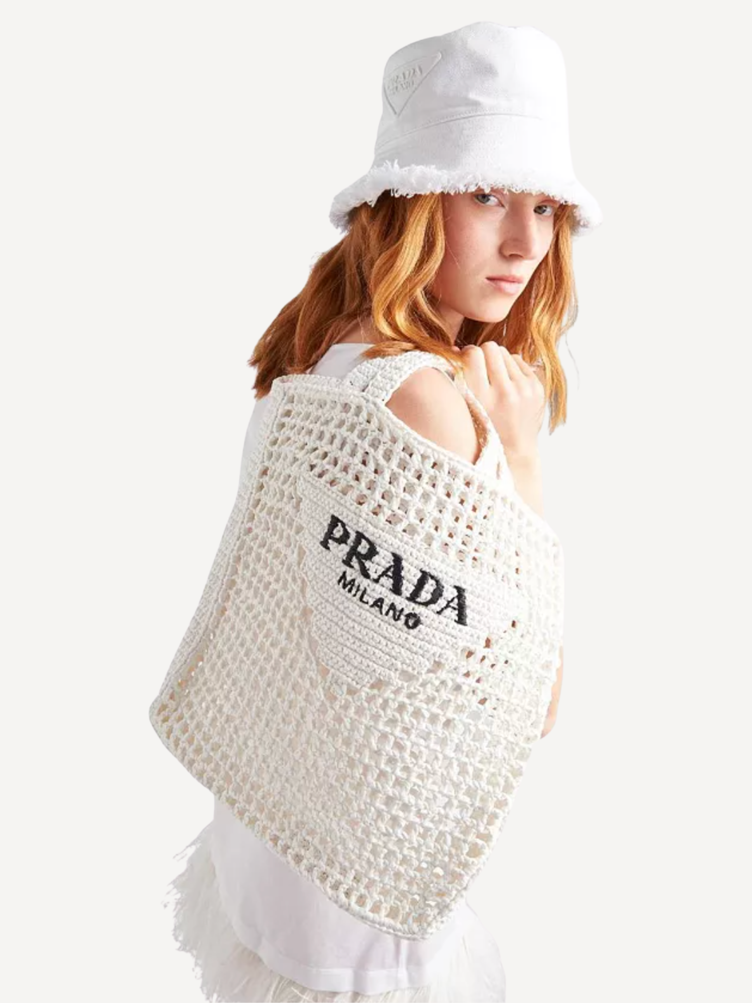 Prada White Crochet Tote Bag