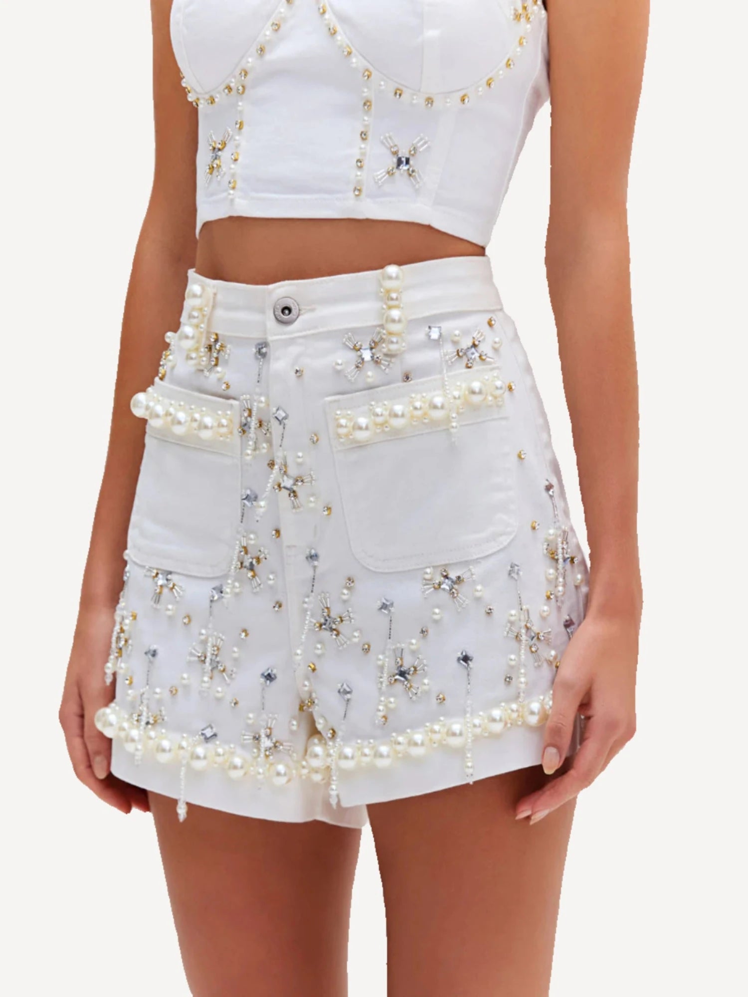 Hand-Beaded Denim Shorts