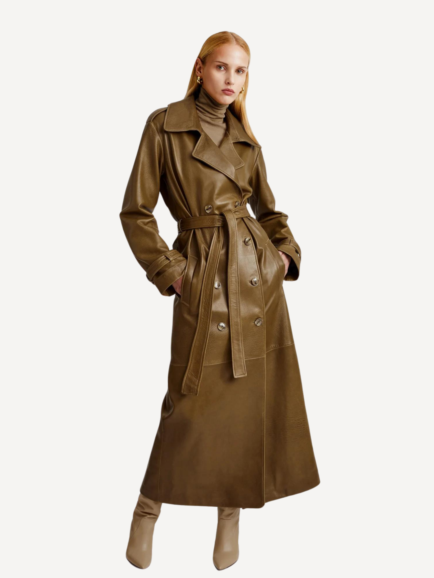 Haya Double Breasted Leather Trench Coat